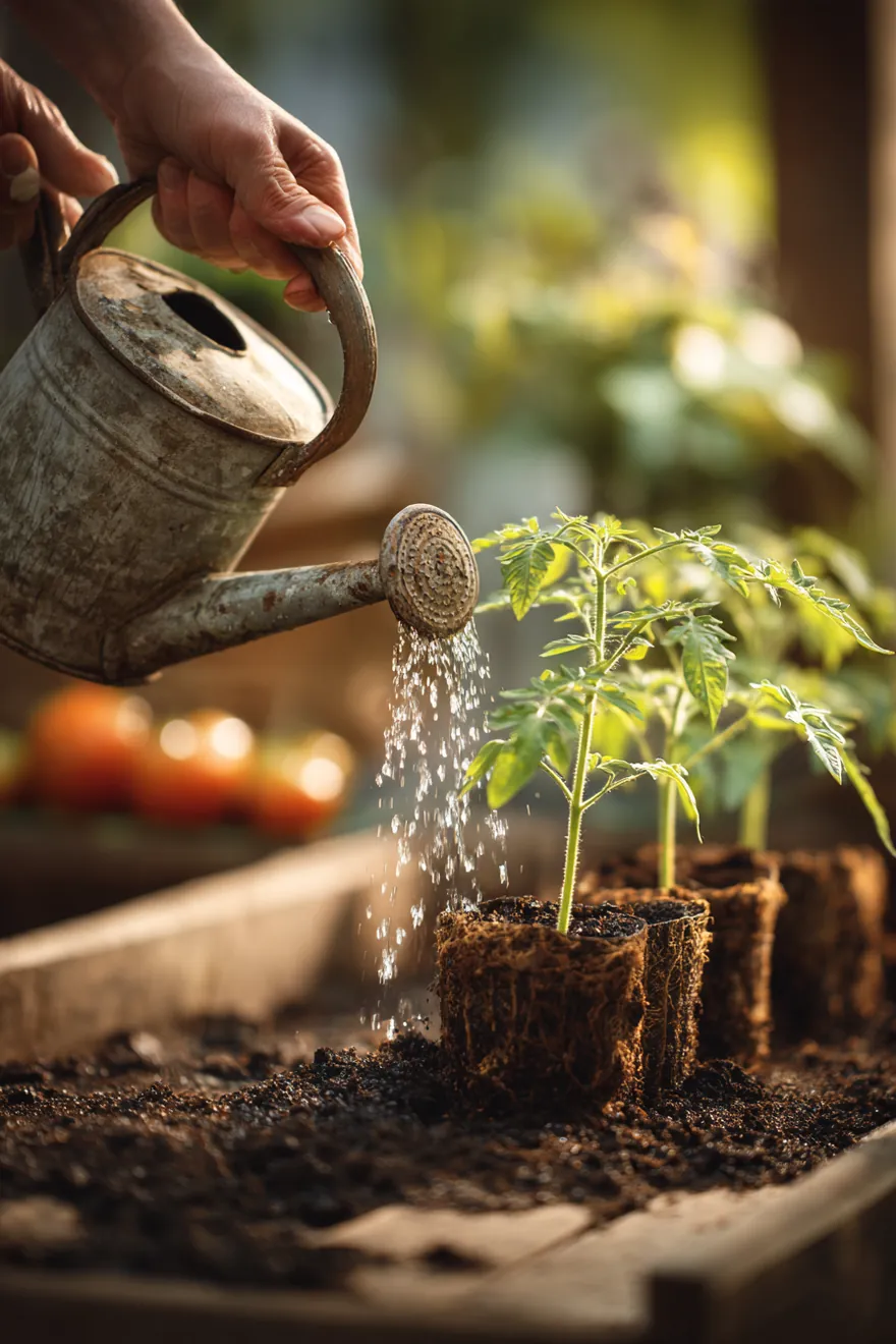 Hands watering tomato seedlings with a watering can