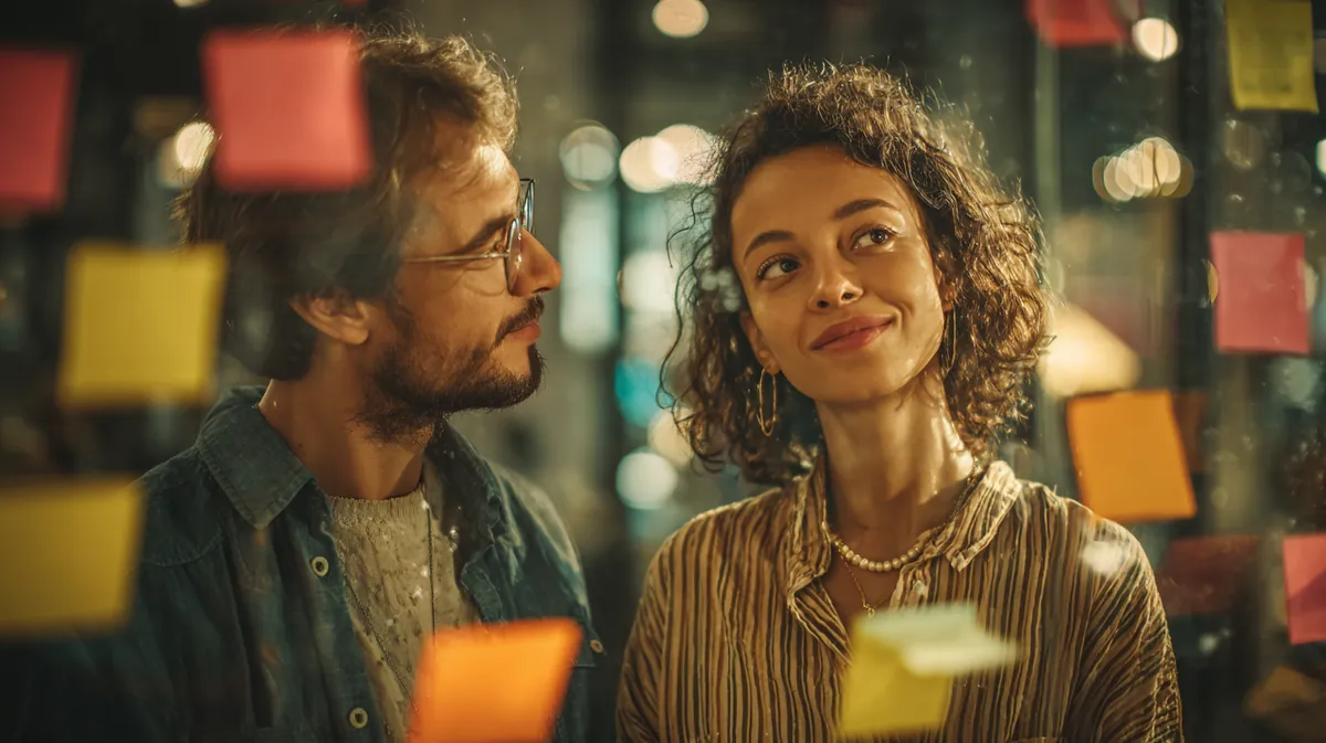 A couple in their 30s planning with colorful sticky notes on a glass wall at home, illustrating Personal Loan Calculator with Westside Lending