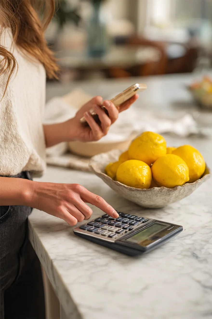 Hands tapping a slim calculator next to a bowl of lemons on a marble kitchen counter