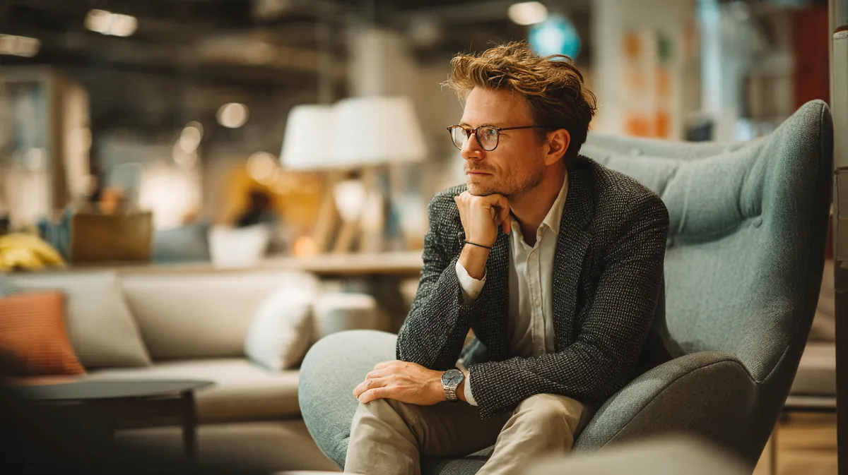 A man in his 30s testing an armchair in a modern furniture showroom, illustrating Personal Loan vs Buy Now, Pay Later with Westside Lending