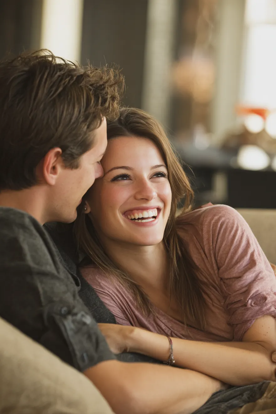 A couple in their 20s laughing on their new sofa