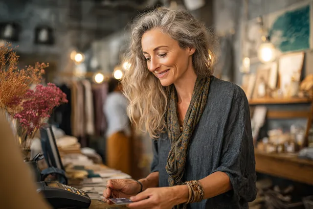 A woman in her 40s paying with a card at a boutique checkout counter, illustrating Personal Loan vs Credit Card with Westside Lending