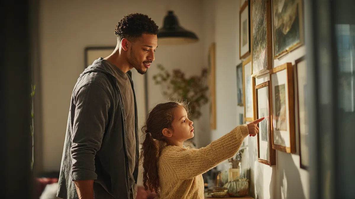A father in his 30s hanging a framed print on a freshly painted living room wall while his young daughter points to the spot, illustrating Personal Loans with Westside Lending