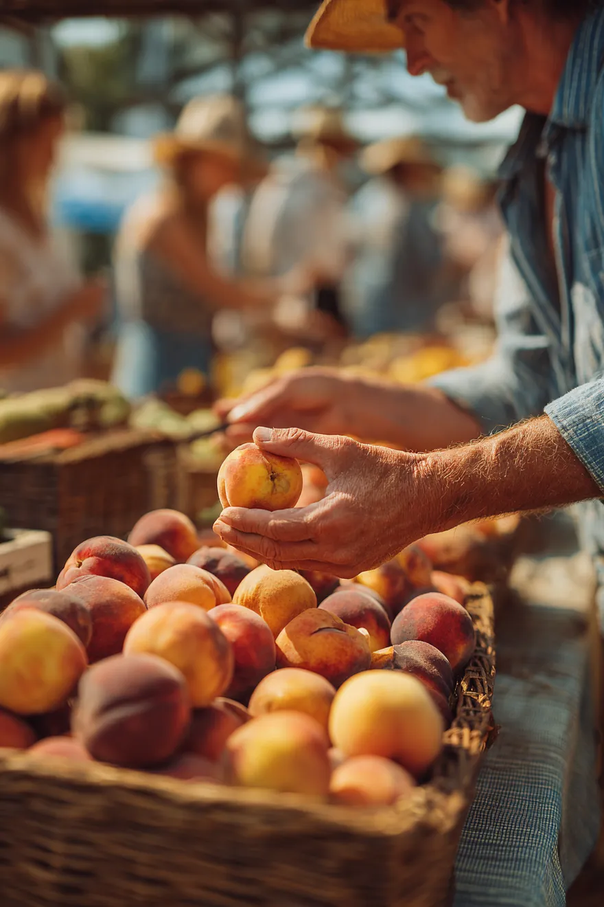 A man in his 50s choosing ripe peaches at a busy farmers market stall