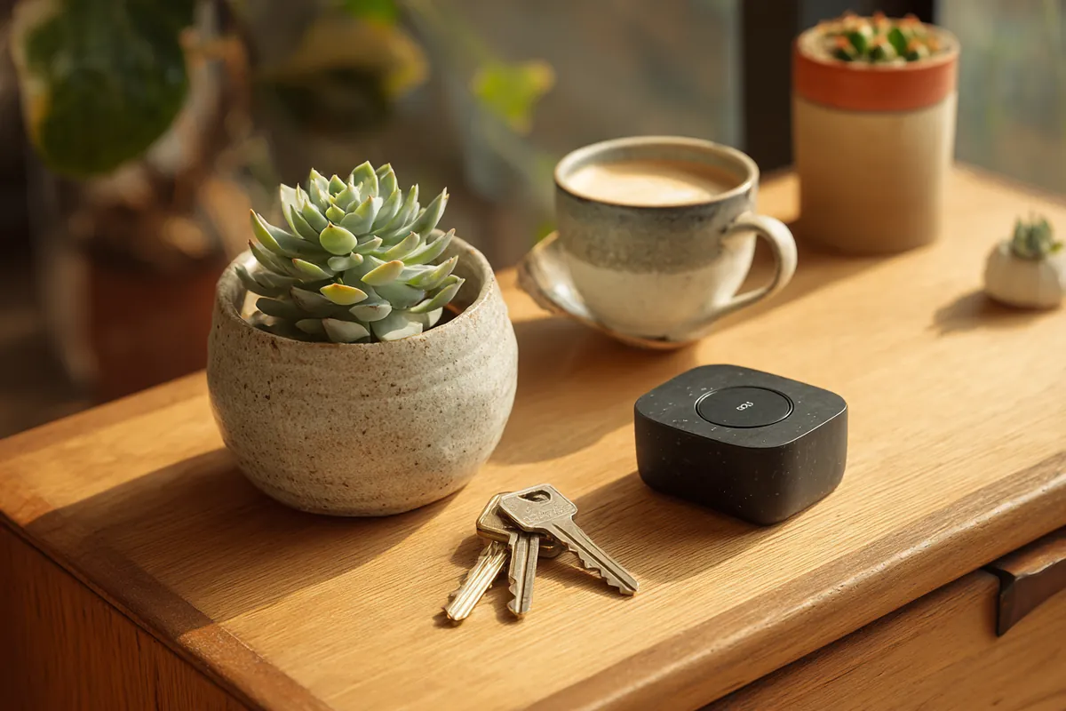 A matte black smart door lock, a small potted succulent and a ceramic key dish on a light oak console, illustrating Privacy Policy with Westside Lending