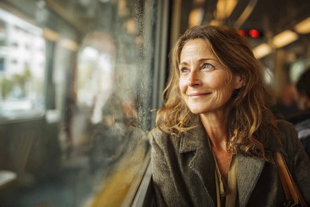 A woman in her 50s riding a modern commuter train, smiling out the window, illustrating Personal Loan Rates with Westside Lending
