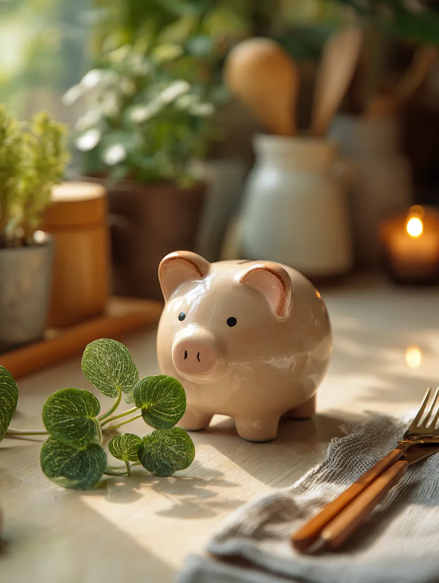 A modern matte ceramic piggy bank among fresh houseplant cuttings on a kitchen table