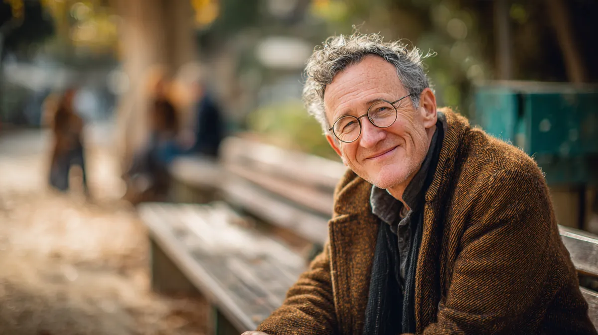 A man in his 60s grinning on a park bench, warm and genuine, illustrating Reviews with Westside Lending