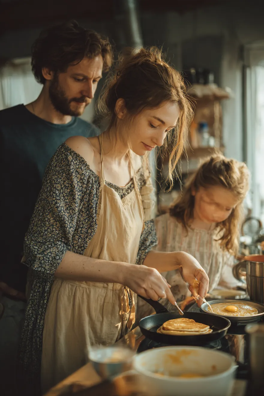 A family of four cooking pancakes together on a weekend morning