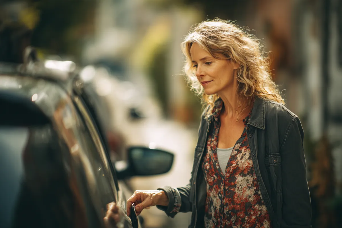A woman in her 50s unlocking her parked hatchback on a quiet street, illustrating Secured vs Unsecured Personal Loans with Westside Lending