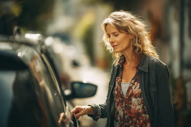 A woman in her 50s unlocking her parked hatchback on a quiet street, illustrating Secured vs Unsecured Personal Loans with Westside Lending