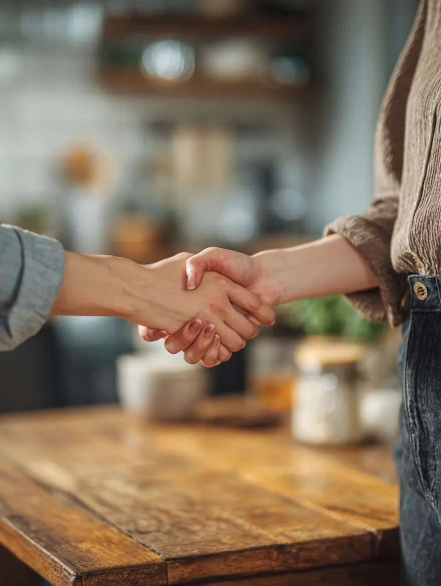 Two people shaking hands over a kitchen table