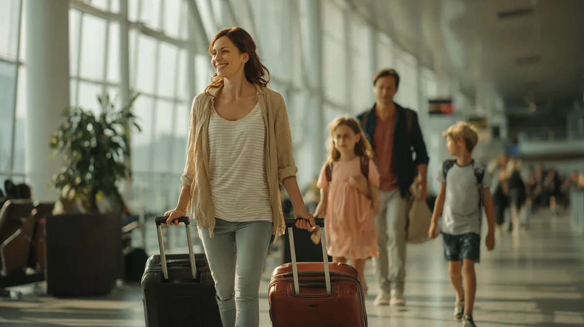 A family with two kids rolling suitcases through a bright modern airport terminal, illustrating Should You Finance a Vacation? with Westside Lending