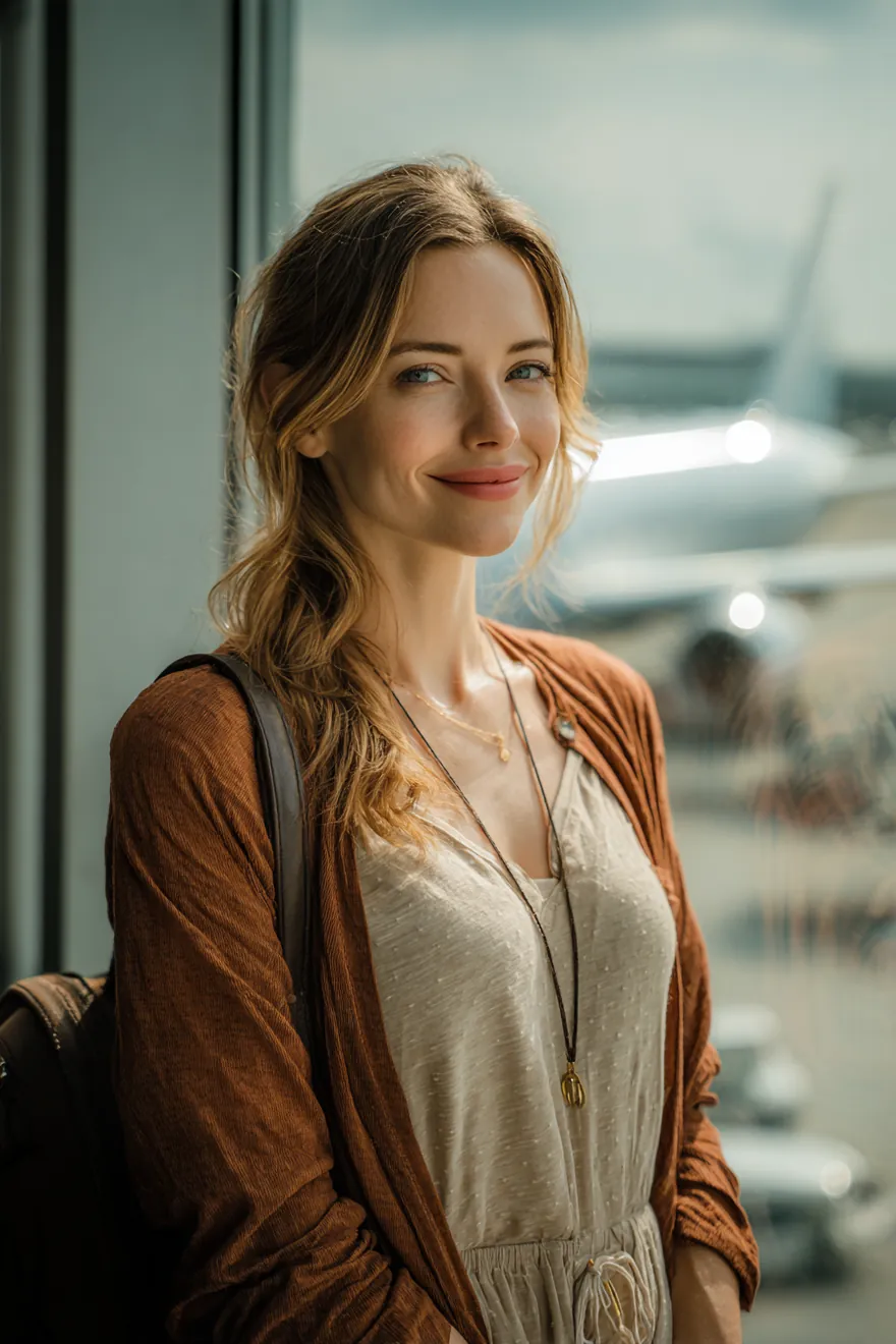 A woman in her 30s smiling by a gate window with a plane outside