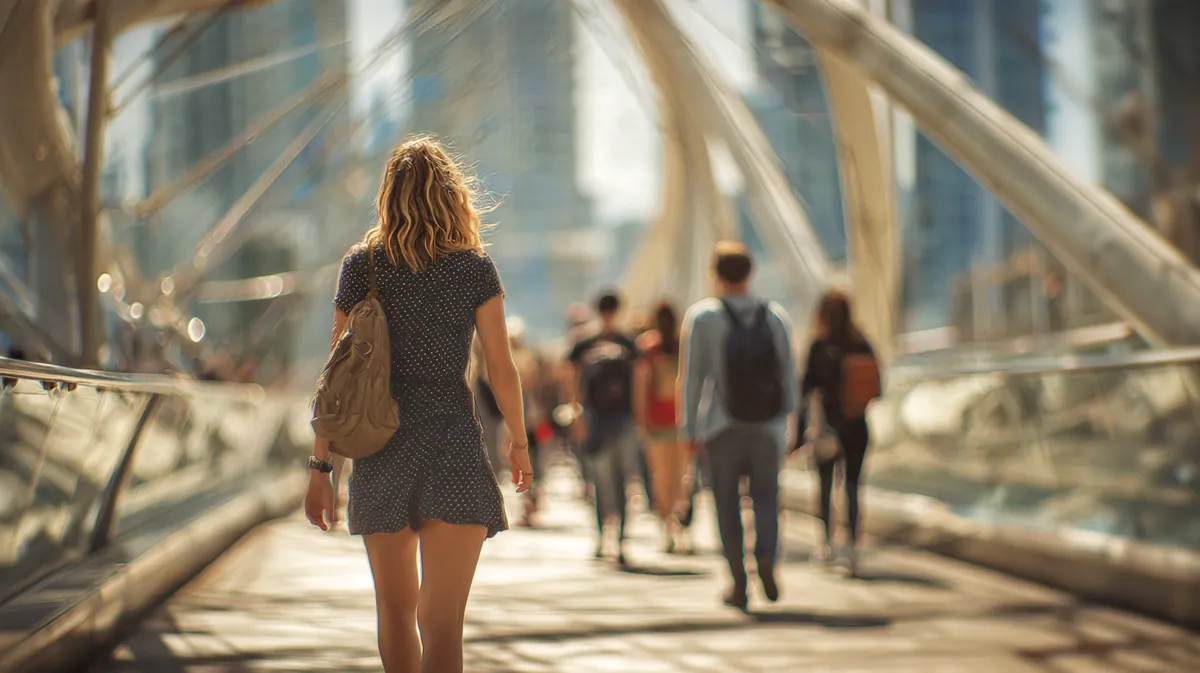 Commuters crossing a sunny pedestrian bridge in a modern city, illustrating Sitemap with Westside Lending