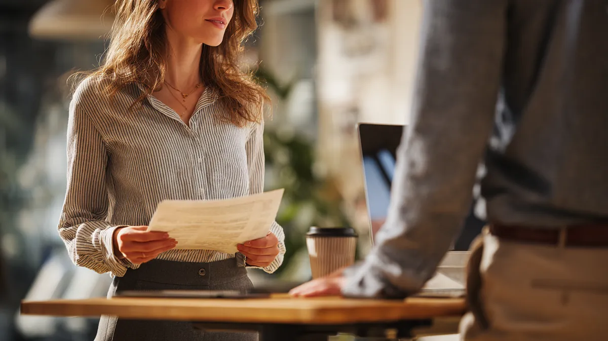 Two colleagues discussing printed pages at a standing desk, illustrating Terms of Use with Westside Lending