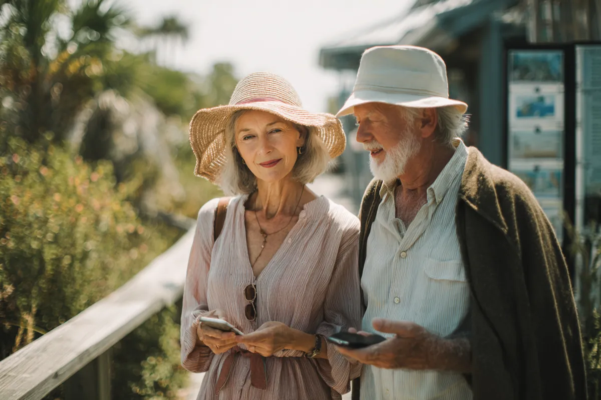 A retired couple in their 60s exploring a bright coastal boardwalk on vacation, wearing sunhats, illustrating Vacation Loans with Westside Lending