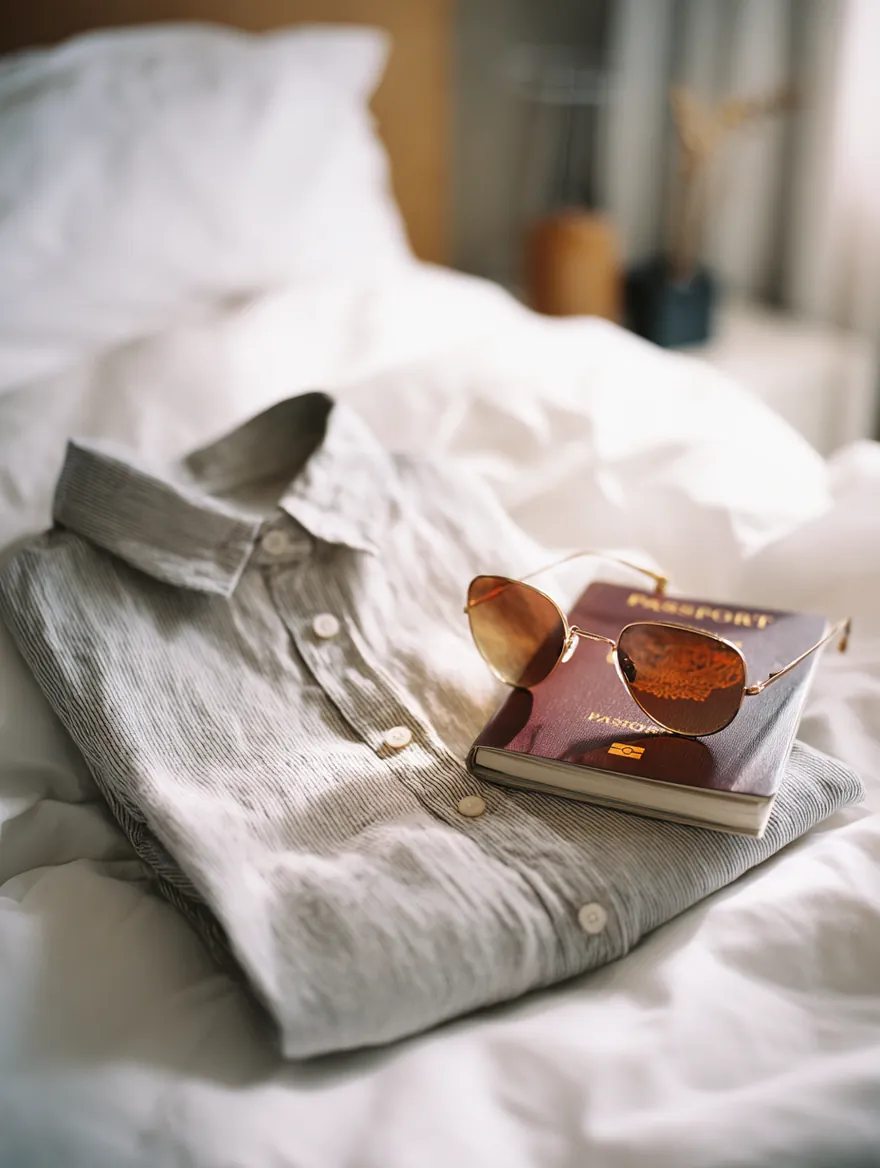 A passport, sunglasses, a folded linen shirt and a slim guidebook laid on a crisp white hotel bed