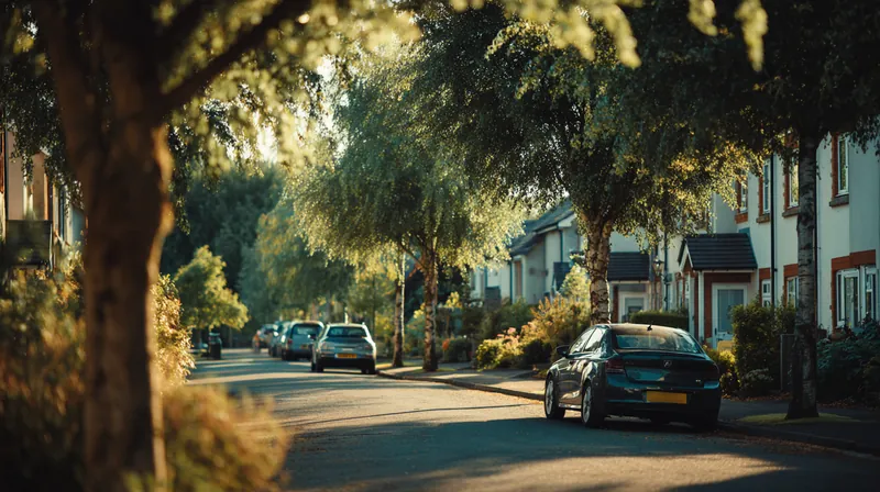 A tree-lined residential street with modern homes in late afternoon light
