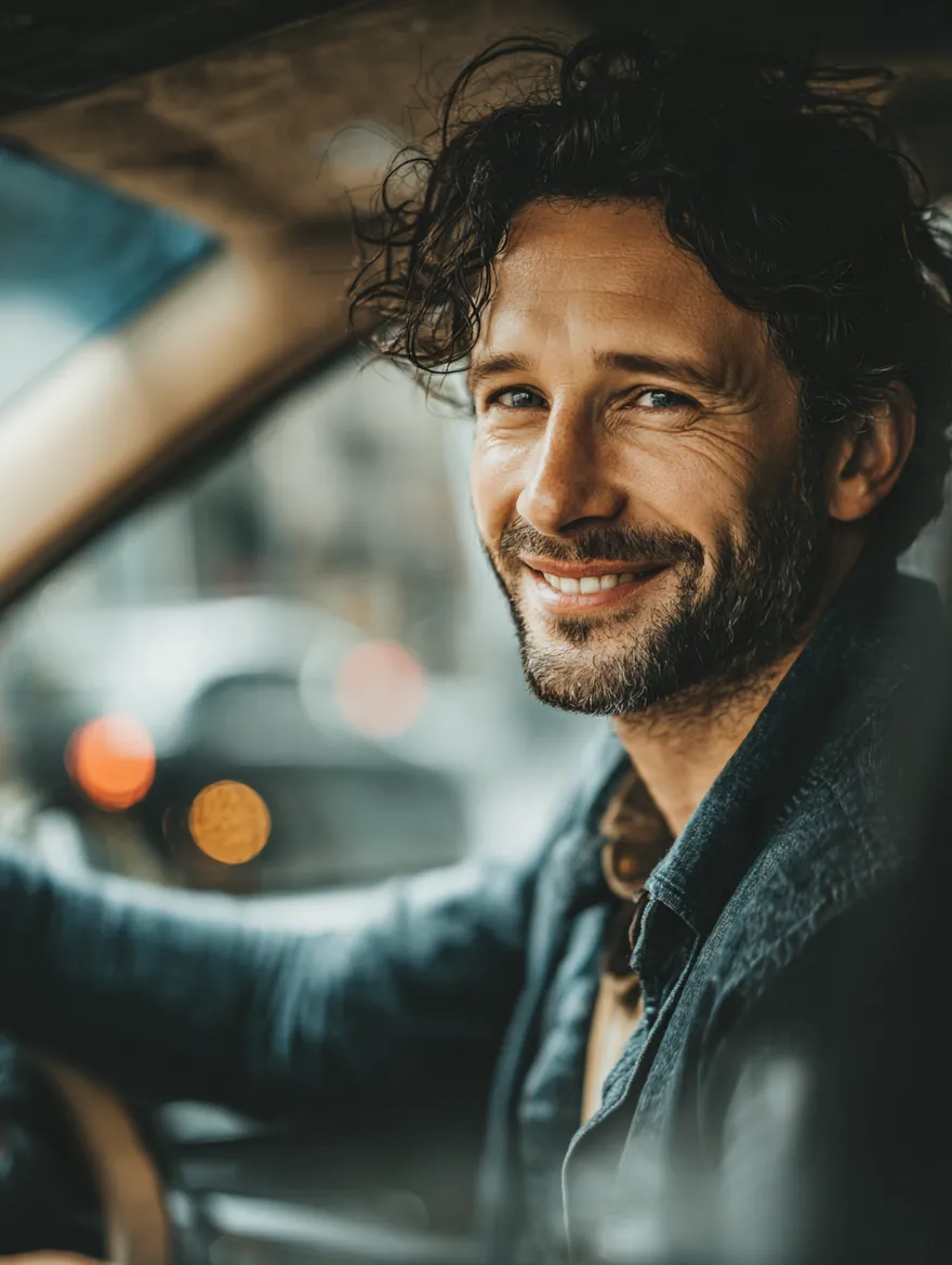 A man in his 30s beaming in the driver's seat of his car