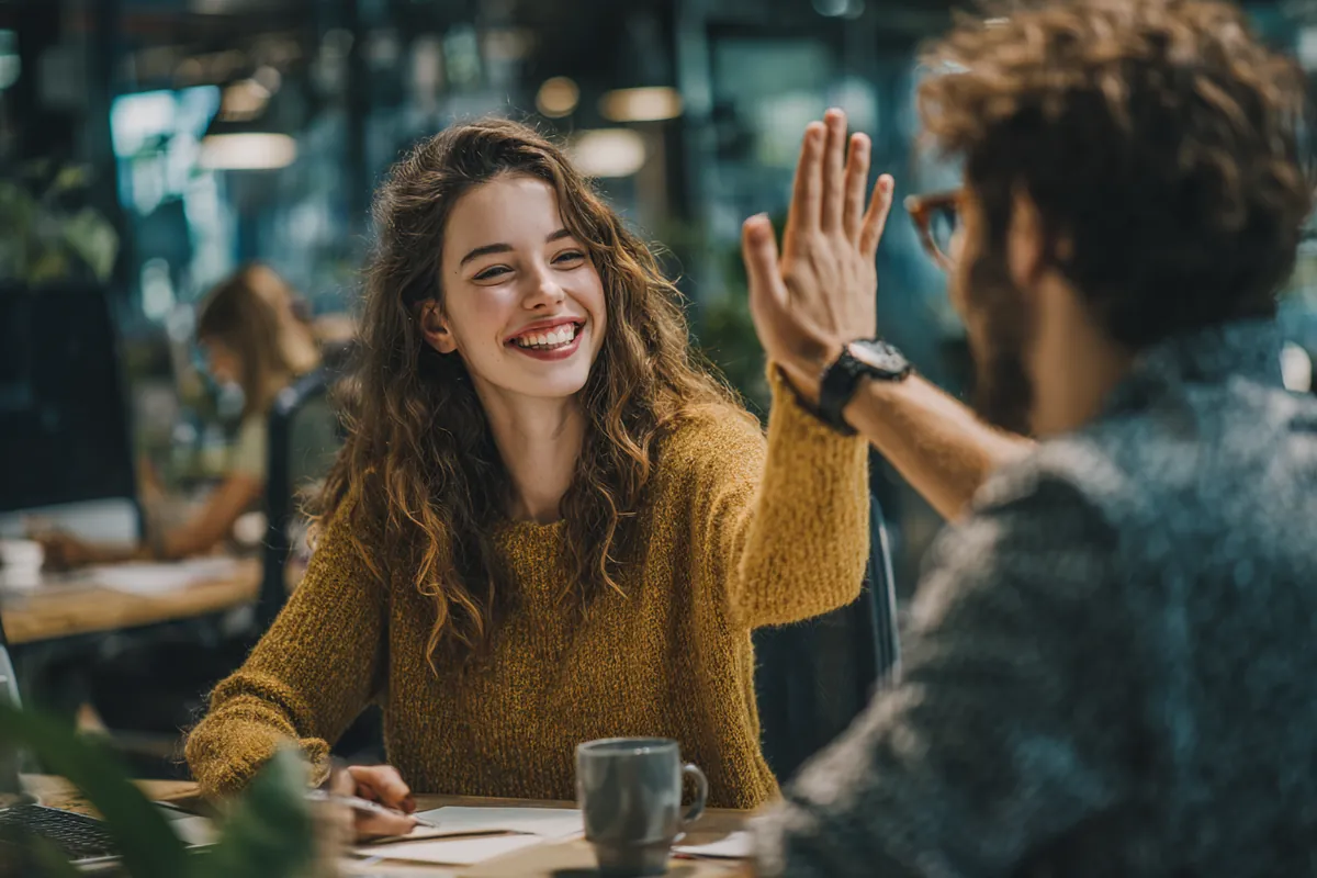 Two colleagues in their 30s celebrating with a high five in a modern office, illustrating What Credit Score Do You Need for a Personal Loan? with Westside Lending