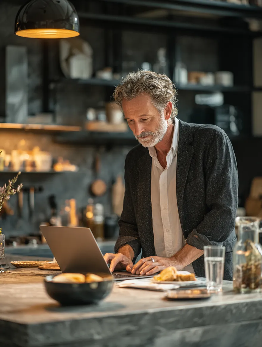 A man in his 50s reviewing details on his laptop at a kitchen island