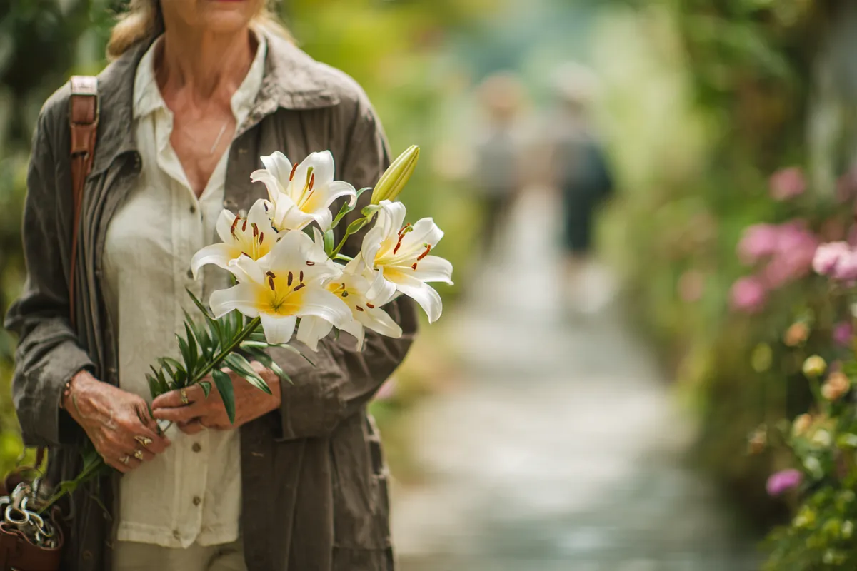 A woman in her 60s strolling a memorial garden path holding a bouquet of white lilies, illustrating What Does a Simple Funeral Cost? with Westside Lending