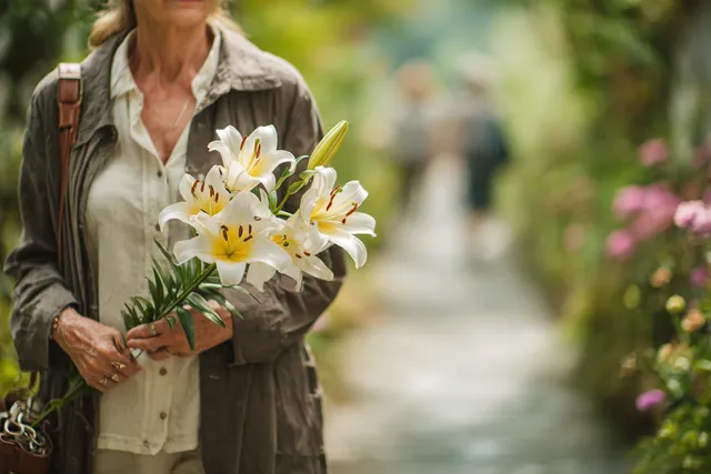 A woman in her 60s strolling a memorial garden path holding a bouquet of white lilies, illustrating What Does a Simple Funeral Cost? with Westside Lending