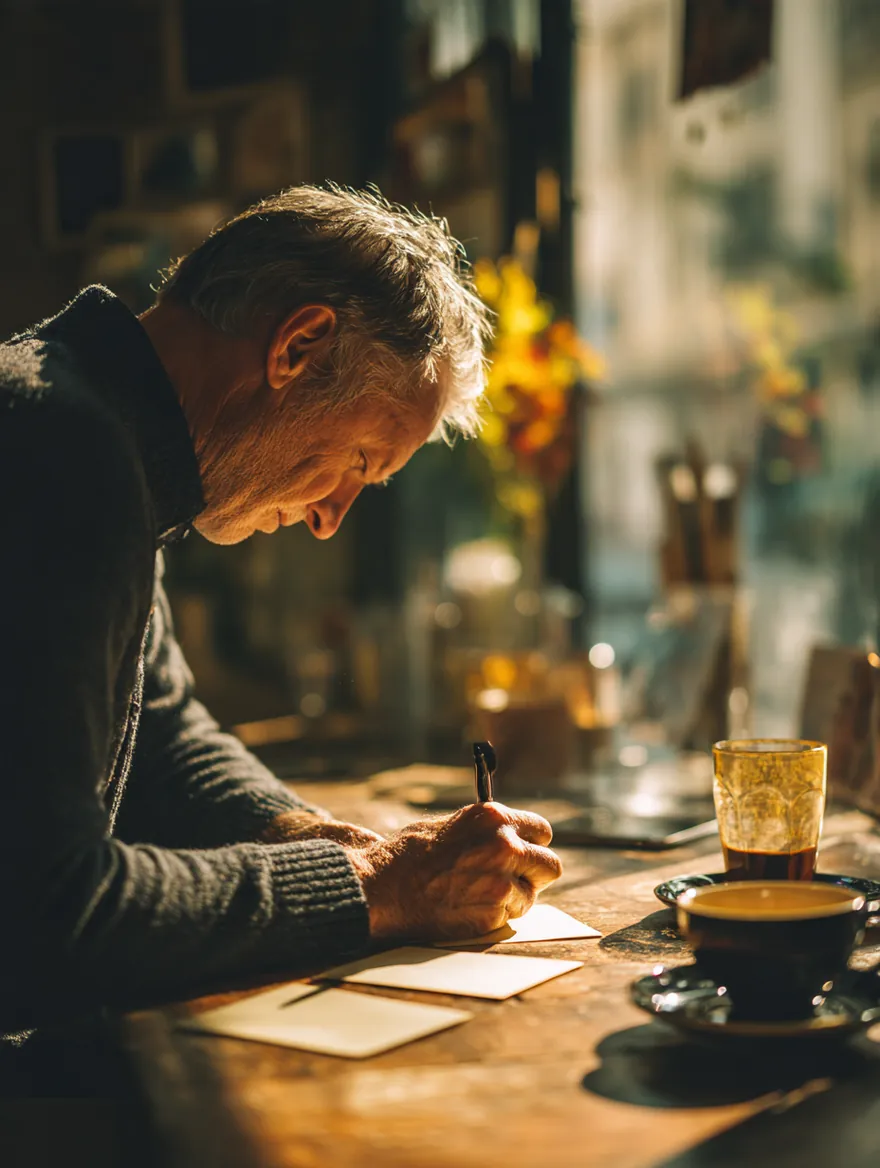 A man in his 50s writing thank-you cards at a sunlit table